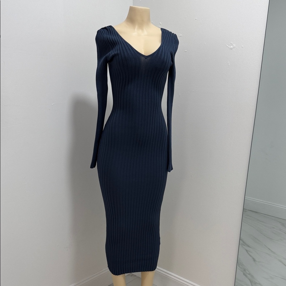 Elegant Navy Blue Ribbed Knit Dress